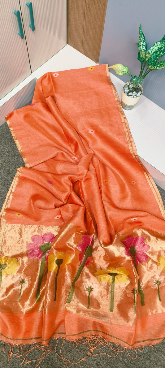 Exclusive tissue silk linen hand jamdani weaving with paithani pallu