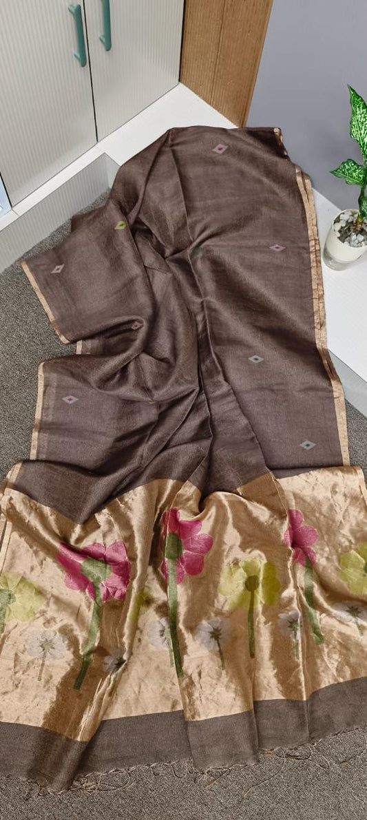 Exclusive tissue silk linen hand jamdani weaving with paithani pallu