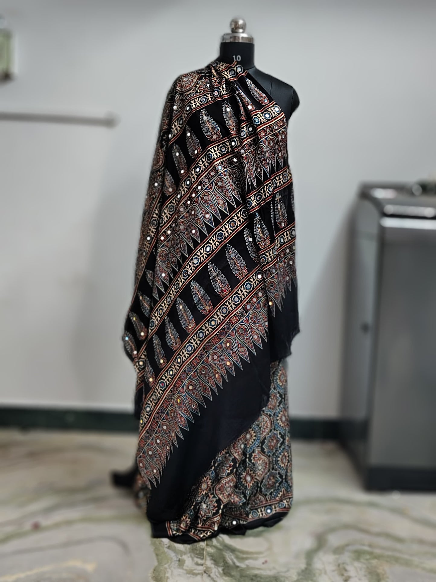 Ajrakh Block Printed Modal Silk Saree with Mirror work in Black