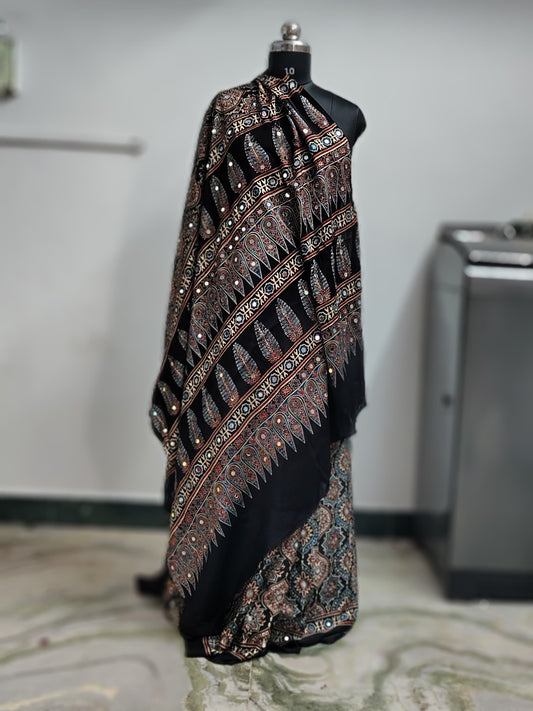 Ajrakh Block Printed Modal Silk Saree with Mirror work in Black