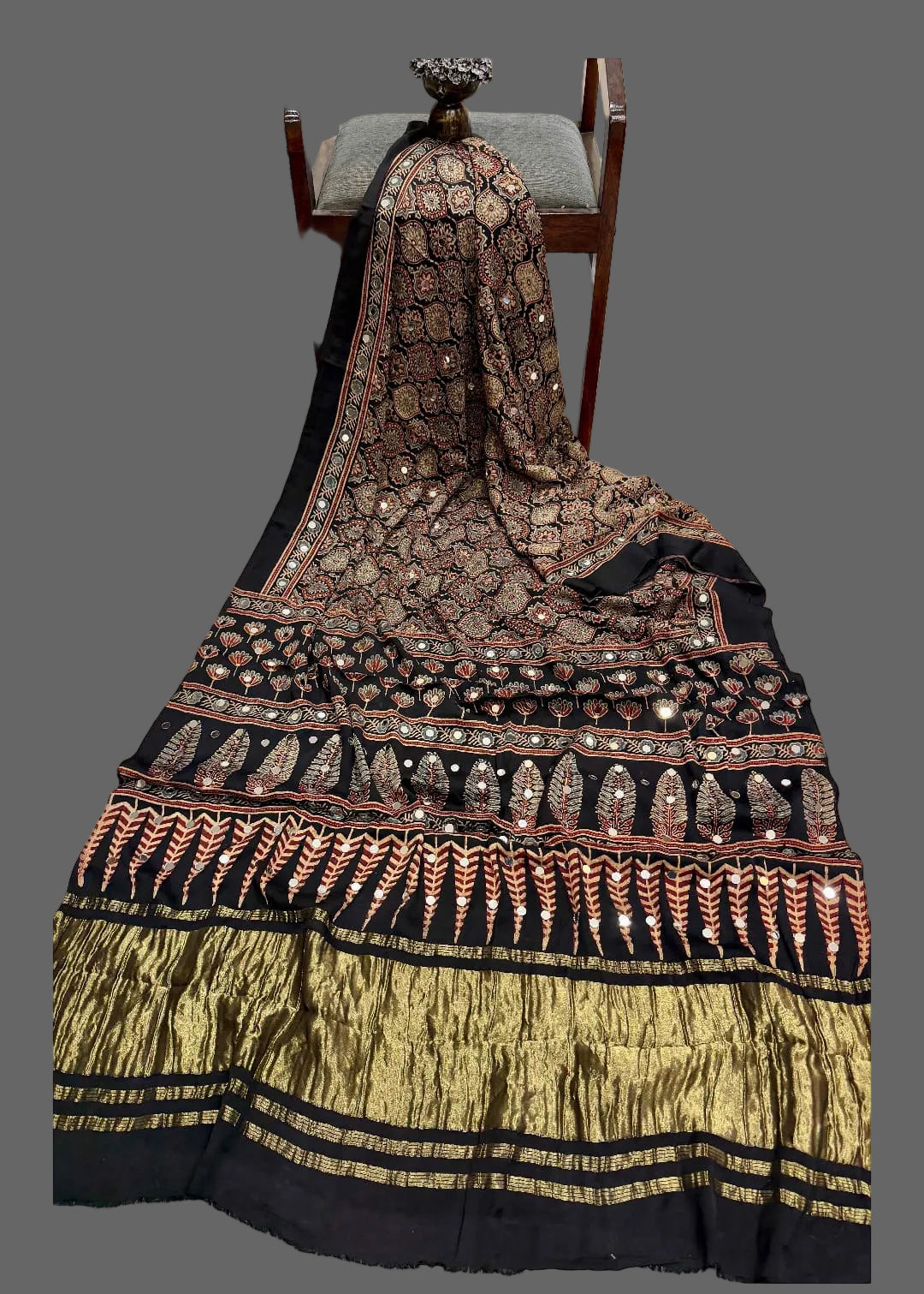Ajrakh Block Printed Modal Silk Saree with light Mirror work