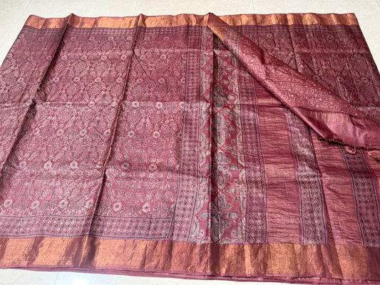 Tussar Silk with Ajrak Block print Saree in Rust
