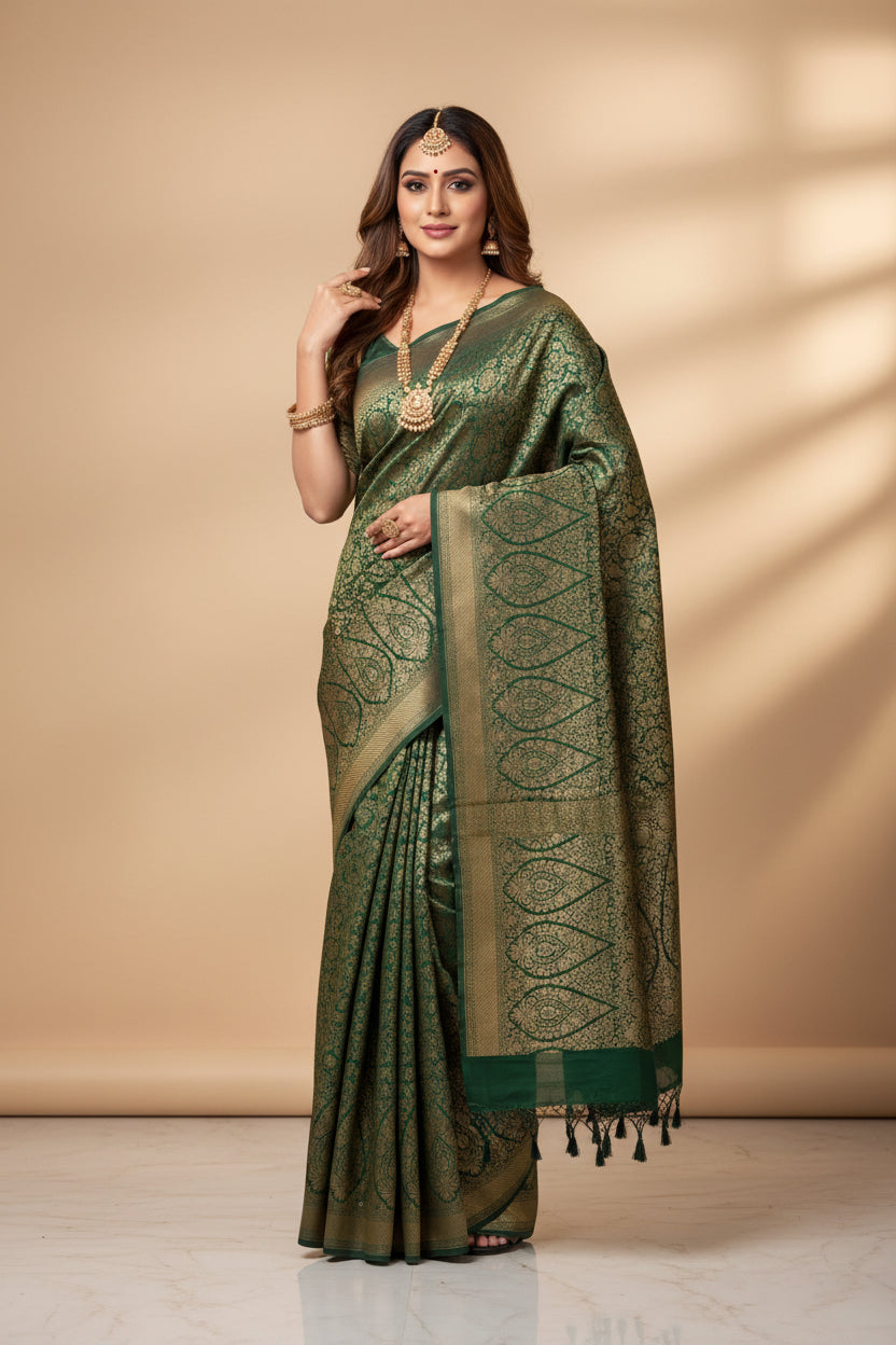 Pure Khaddi Crepe Georgette Banarasi Handloom Saree-Brocade in Bottle Green