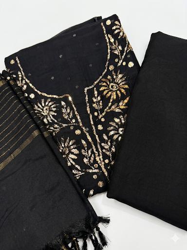 Black Mukaish Kamdani Suit in Mul Cotton