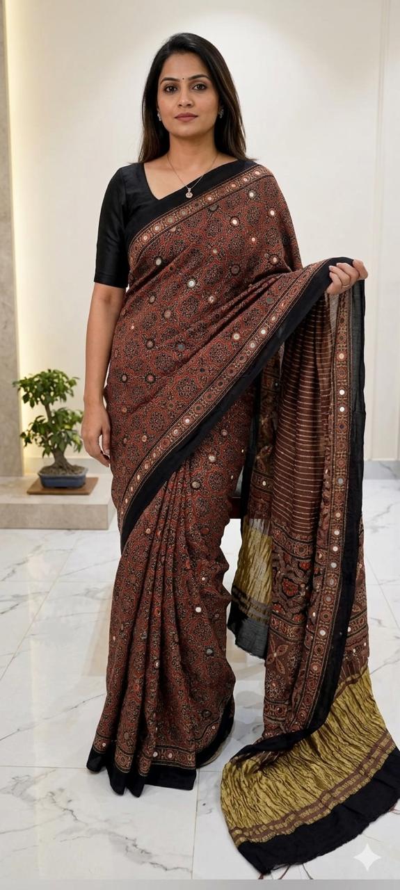 Ajrakh Block Printed Modal Silk Saree with light Mirror work