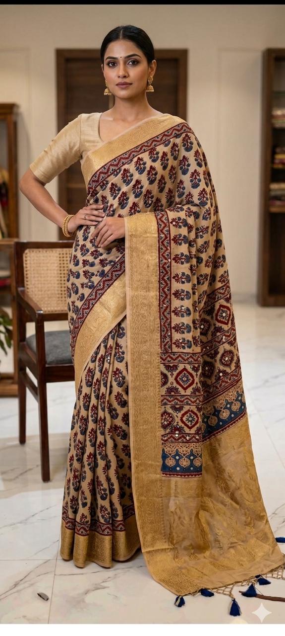 Ajrakh Block Printed Modal Silk Saree with light Mirror work in Beige