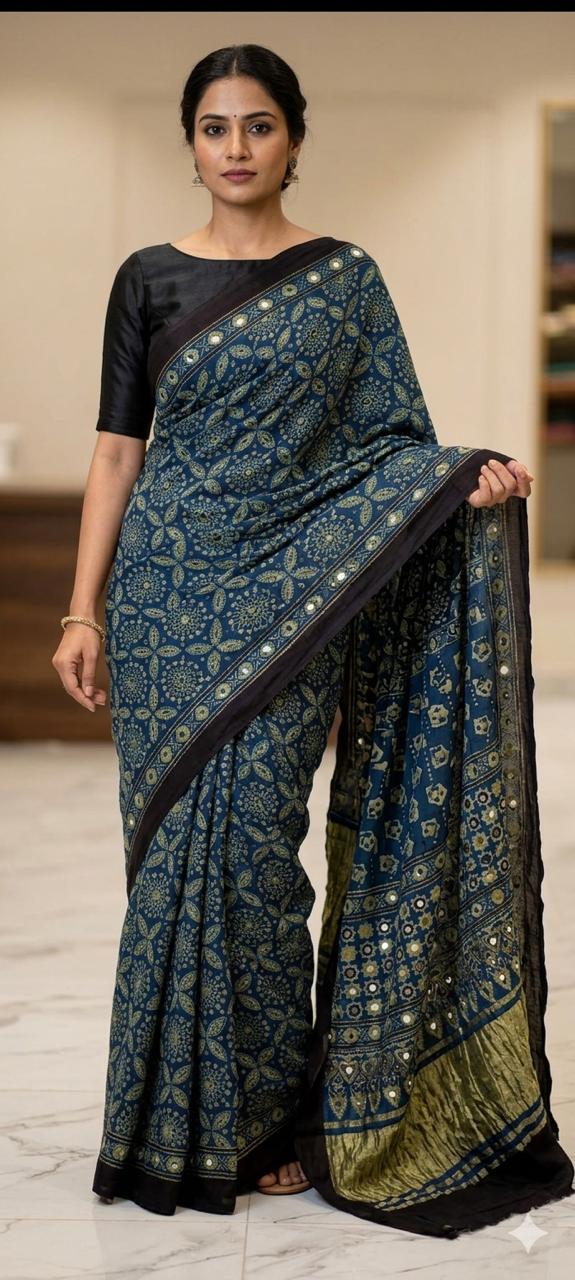 Ajrakh Block Printed Modal Silk Saree with light Mirror work in Blue