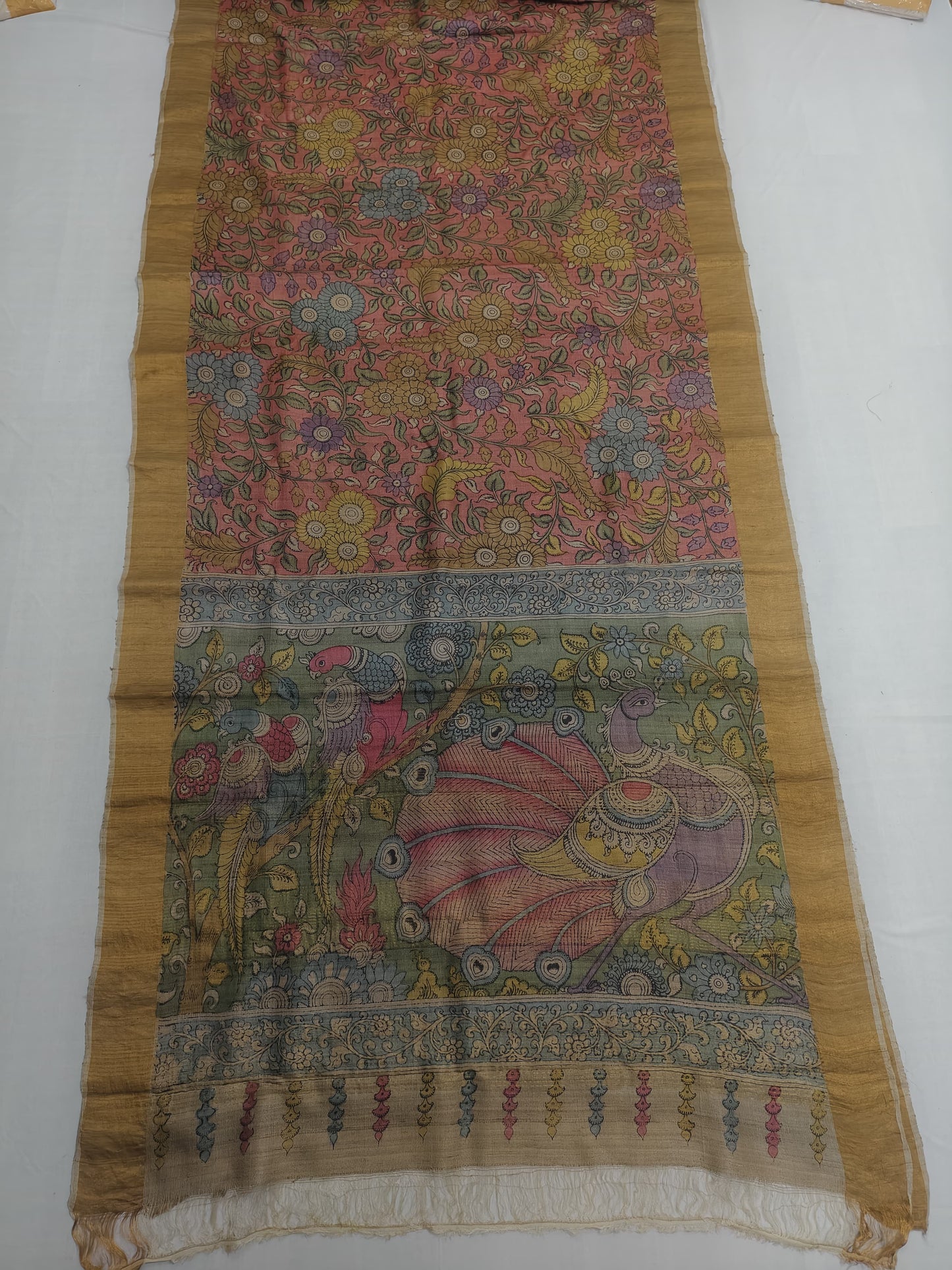 Srikalahasti kalamkari Saree in Tussar Silk in pastel pink