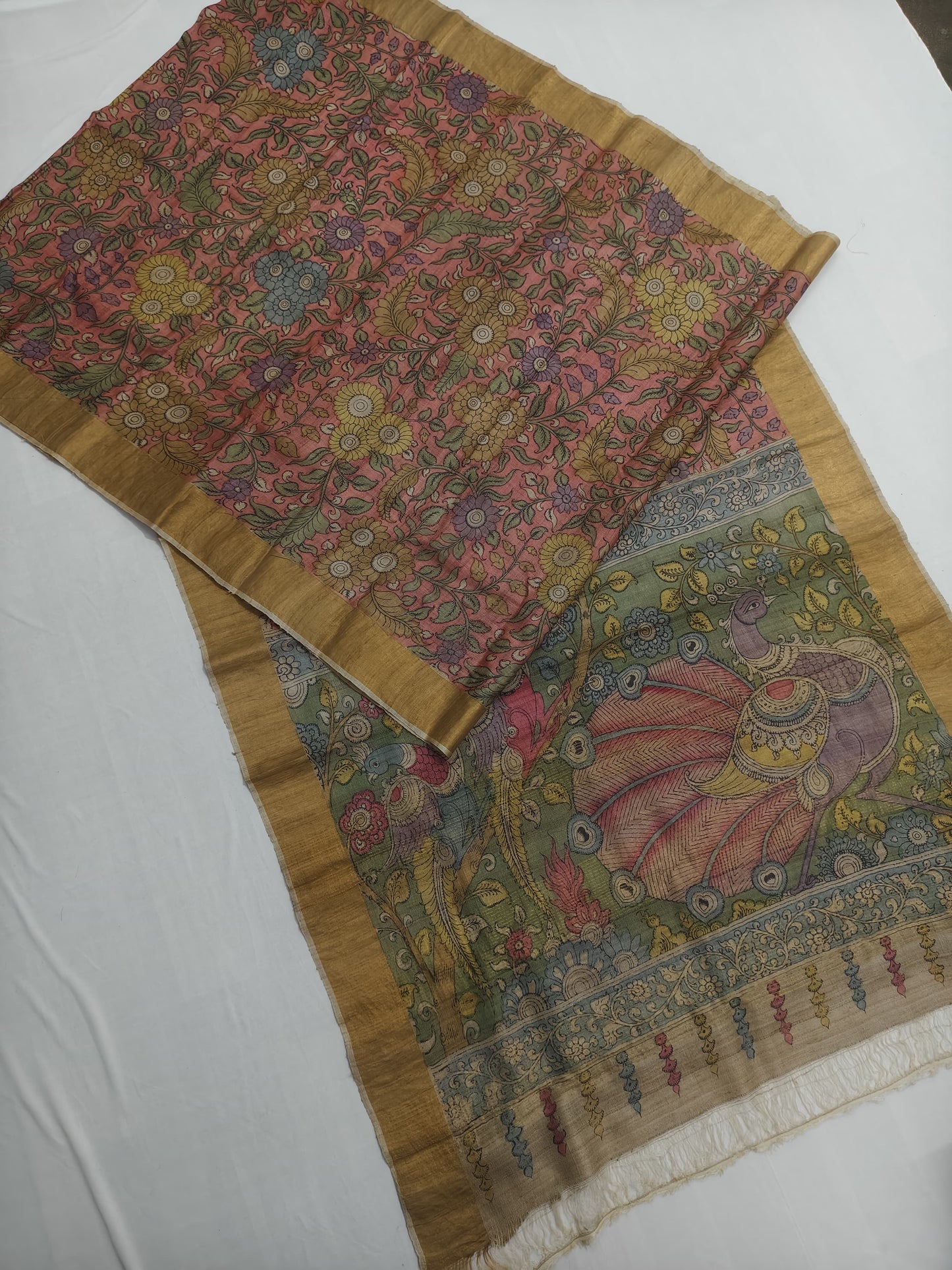 Srikalahasti kalamkari Saree in Tussar Silk in pastel pink