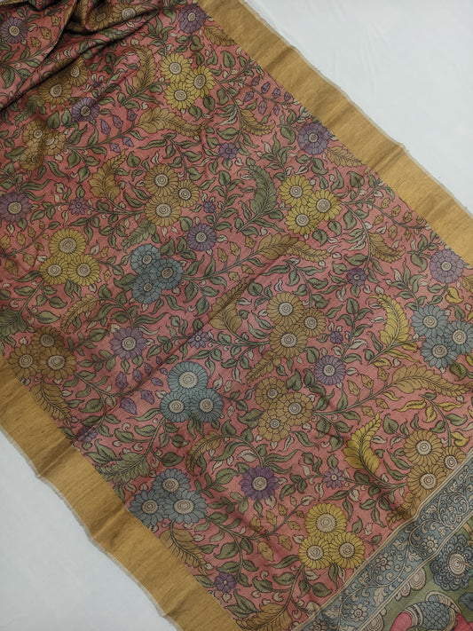 Srikalahasti kalamkari Saree in Tussar Silk in pastel pink