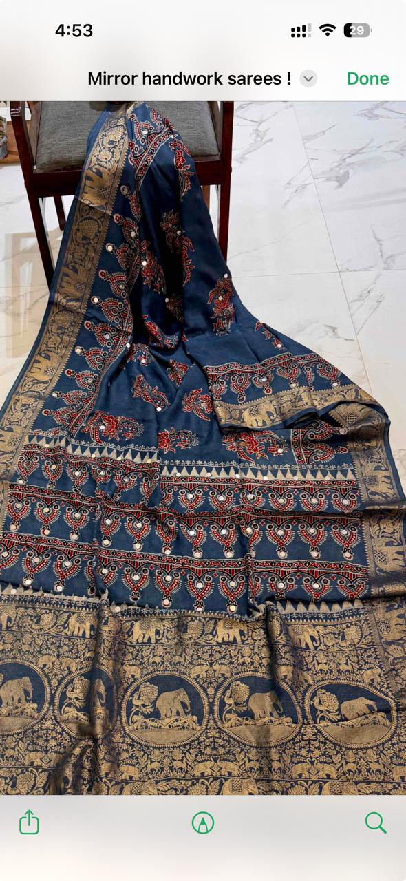 Ajrakh Block Printed Modal Silk Saree with light Mirror work in Blue