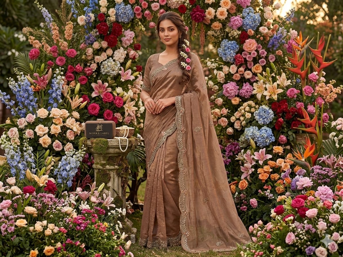 Party Wear Saree in Light Brown with zardozi work