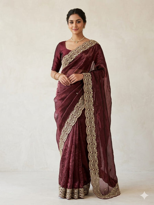 Heavy Party Wear Saree in Maroon with zardozi work