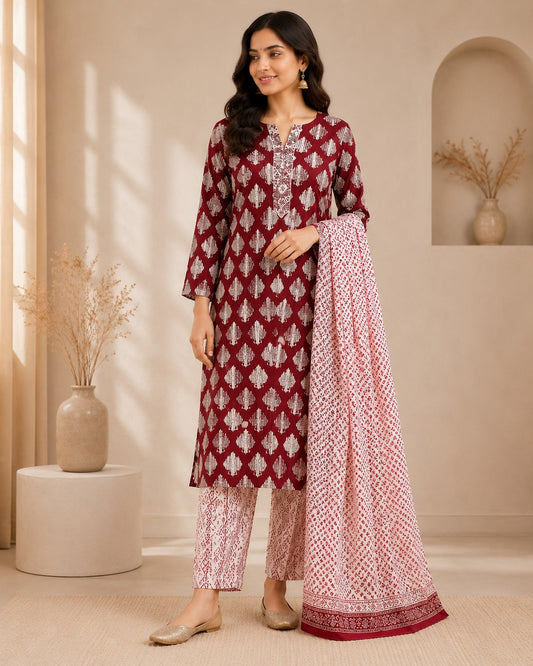 Bagh Print Office Suit — 3 Pc. Stitched Set (Pink)