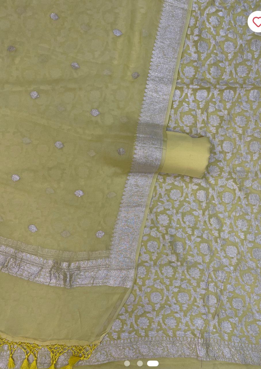 Yellow Pure Khaddi Georgette Banarasi Dress material | 3 Piece Silk Suit Set | Wedding Special