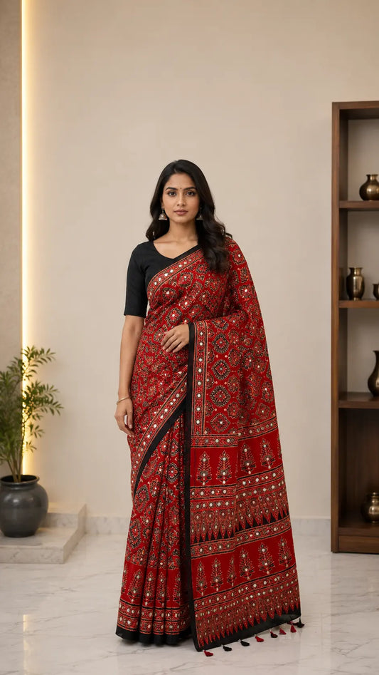 Ajrakh Block Printed Modal Silk Saree with Mirror work in Red