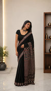 Ajrakh Block Printed Modal Silk Saree with Mirror work