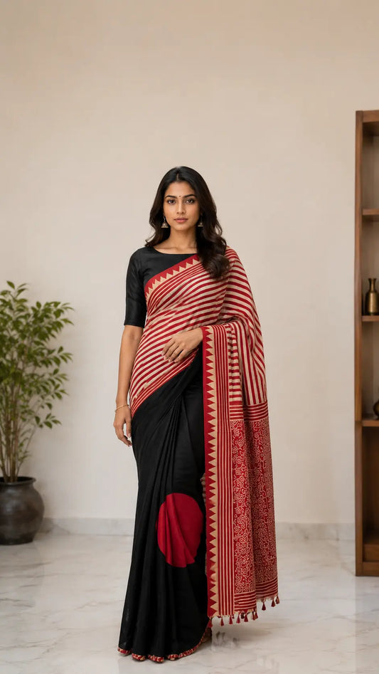 Ajrakh Block Printed Modal Silk Saree