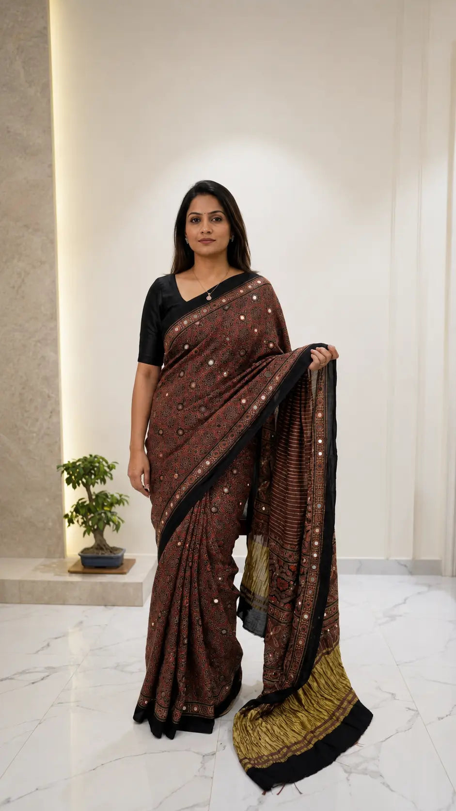 Ajrakh Block Printed Modal Silk Saree with light Mirror work in Black