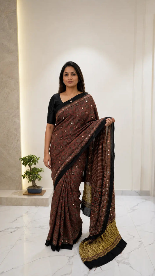 Ajrakh Block Printed Modal Silk Saree with light Mirror work in Black