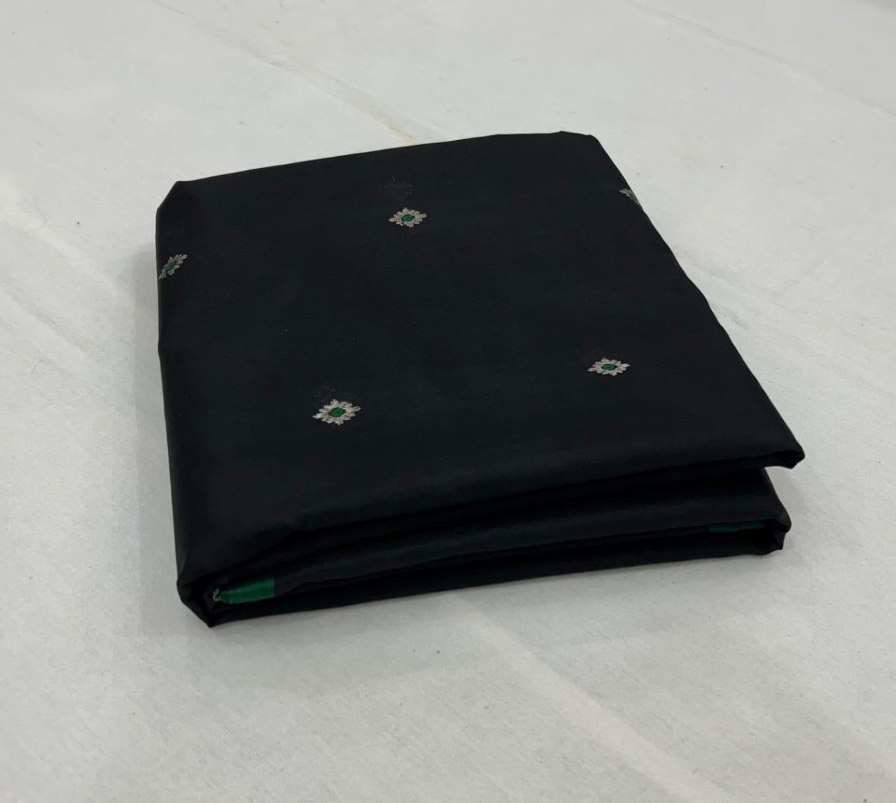 Chanderi Pattu Silk Saree – Black with Silver Buti & Green Border