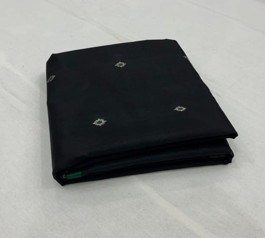 Chanderi Pattu Silk Saree – Black with Silver Buti & Green Border