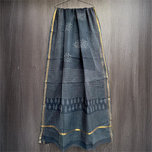 Cotton Kota Doria Saree – Charcoal Grey Stripes with Gold Border
