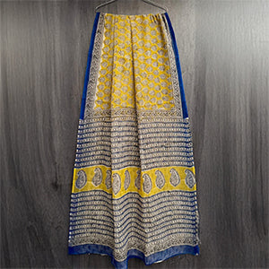 Cotton Kota Doria Saree – Mustard Yellow Prints with Royal Blue Border
