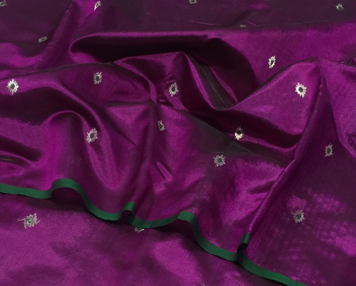 Chanderi Pattu Silk Saree – Purple with Silver Buti & Green Border